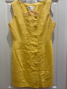 Women's Vintage Linen Sleeveless Double-Breasted Mini Dress in Pale Yellow